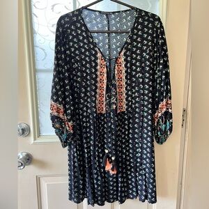 Bloomchic size 14-16 navy blue peasant tunic oversized front tie with tassels